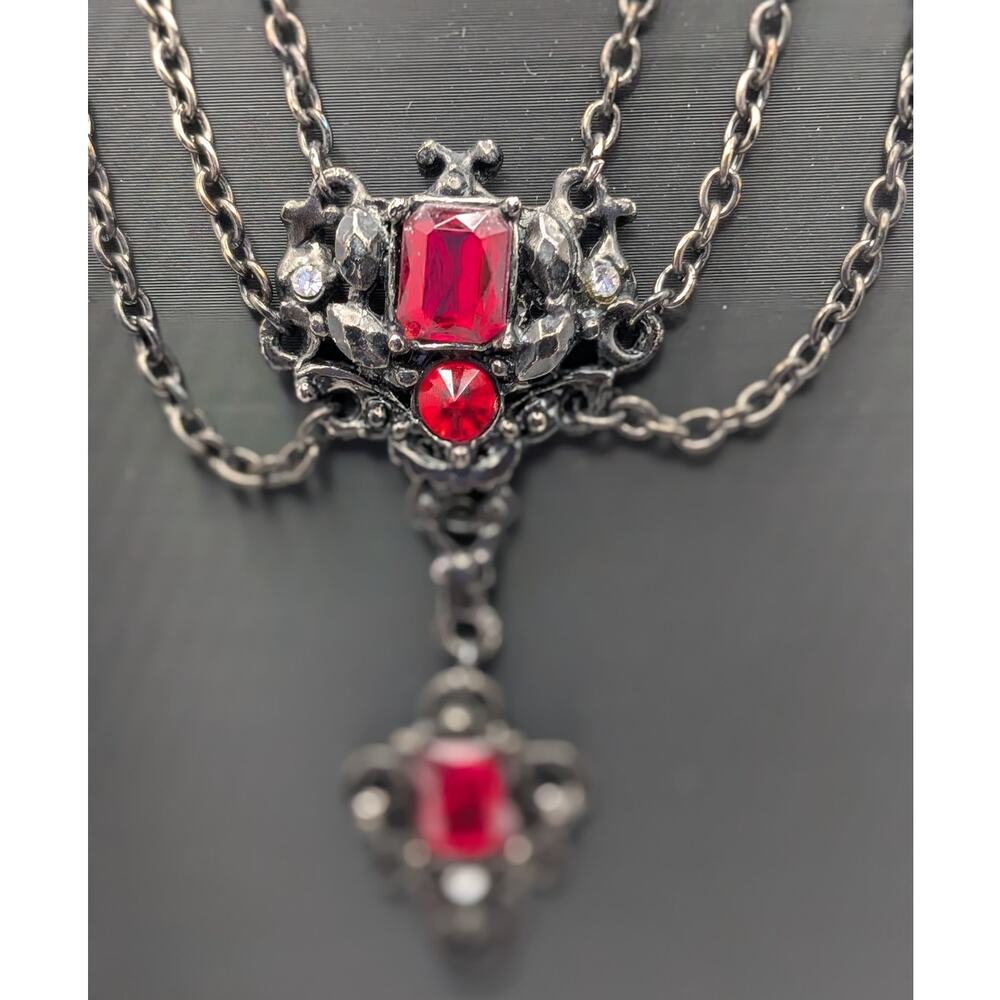 Gothic Victorian Style Red Rhinestone Gunmetal Tone Statement Necklace Ornate 16